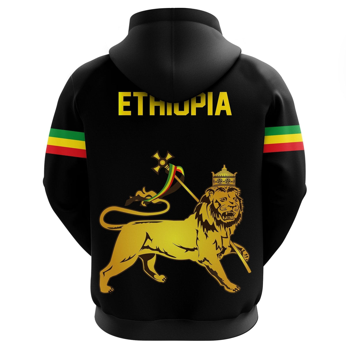 Black zip hoodie back with yellow “ETHI0PIA” text, lion crown graphic, flag stripe cuffs