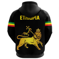 Black zip hoodie back with yellow “ETHI0PIA” text, lion crown graphic, flag stripe cuffs