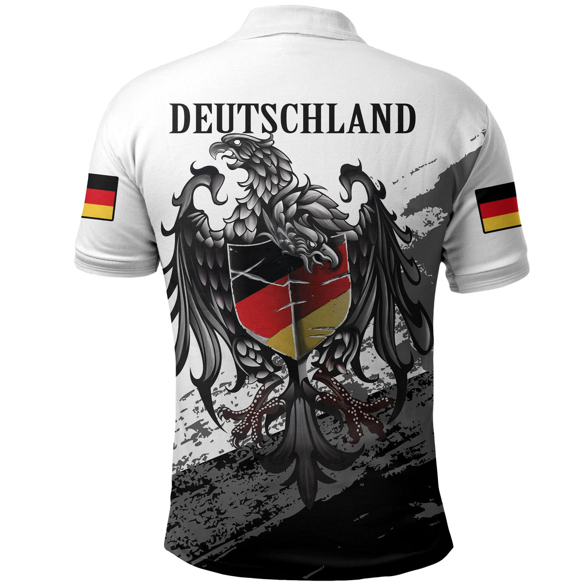 White back of Germany polo with “DEUTSCHLAND” text, eagle crest, and shield graphic