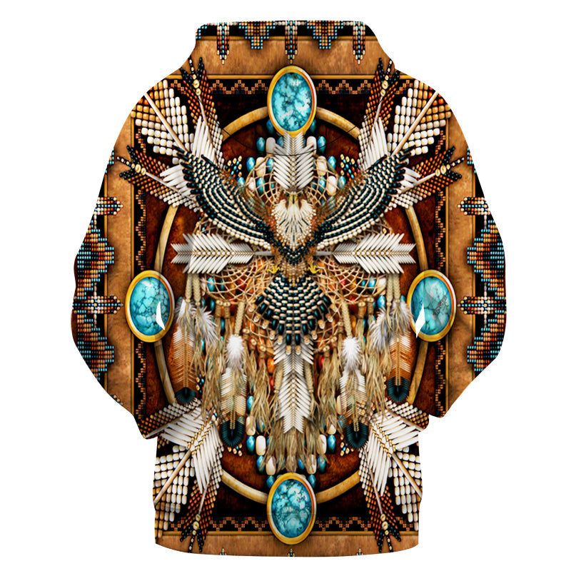 Pullover hoodie front print with eagle and turquoise oval accents, multicolor