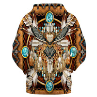 Pullover hoodie front print with eagle and turquoise oval accents, multicolor