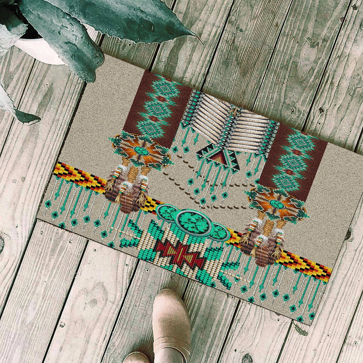 Native-style green doormat with turquoise beadwork motifs and colorful striped border