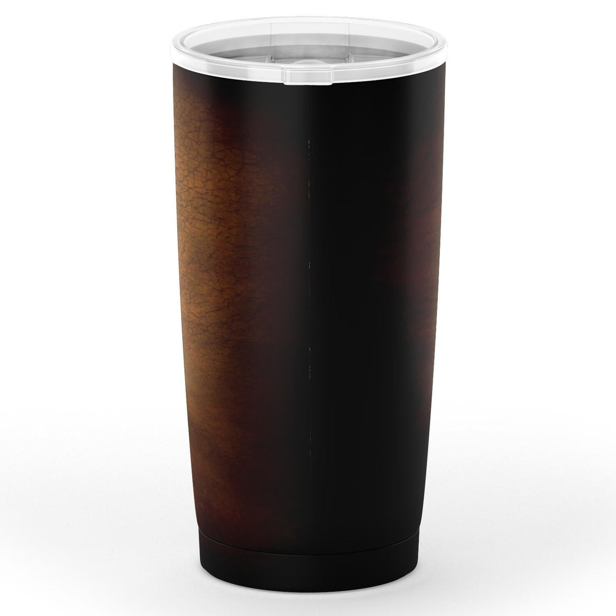 Brown tumbler back panel with no visible graphic, white lid