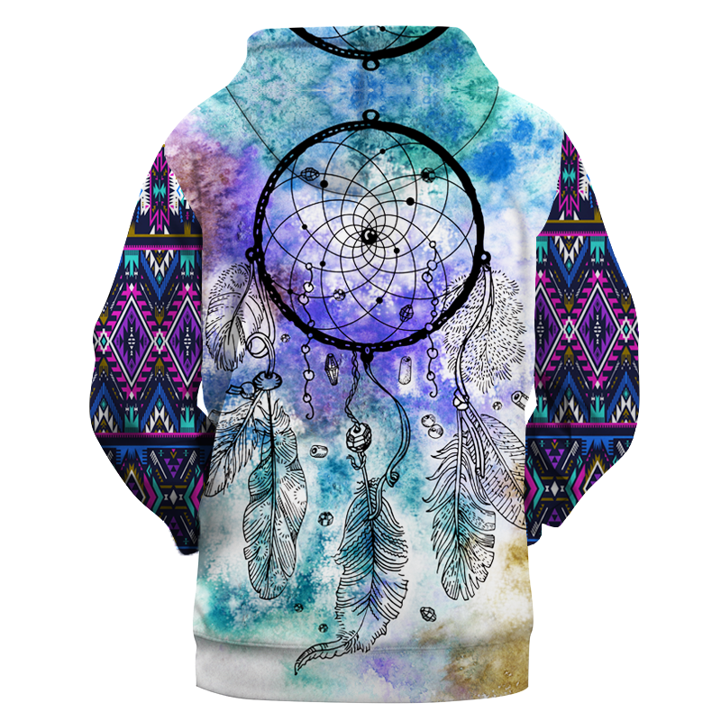 Multicolor dreamcatcher and feather pullover hoodie, long sleeves with patterned sleeve cuffs
