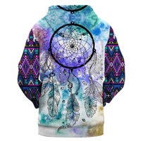 Multicolor dreamcatcher and feather pullover hoodie, long sleeves with patterned sleeve cuffs