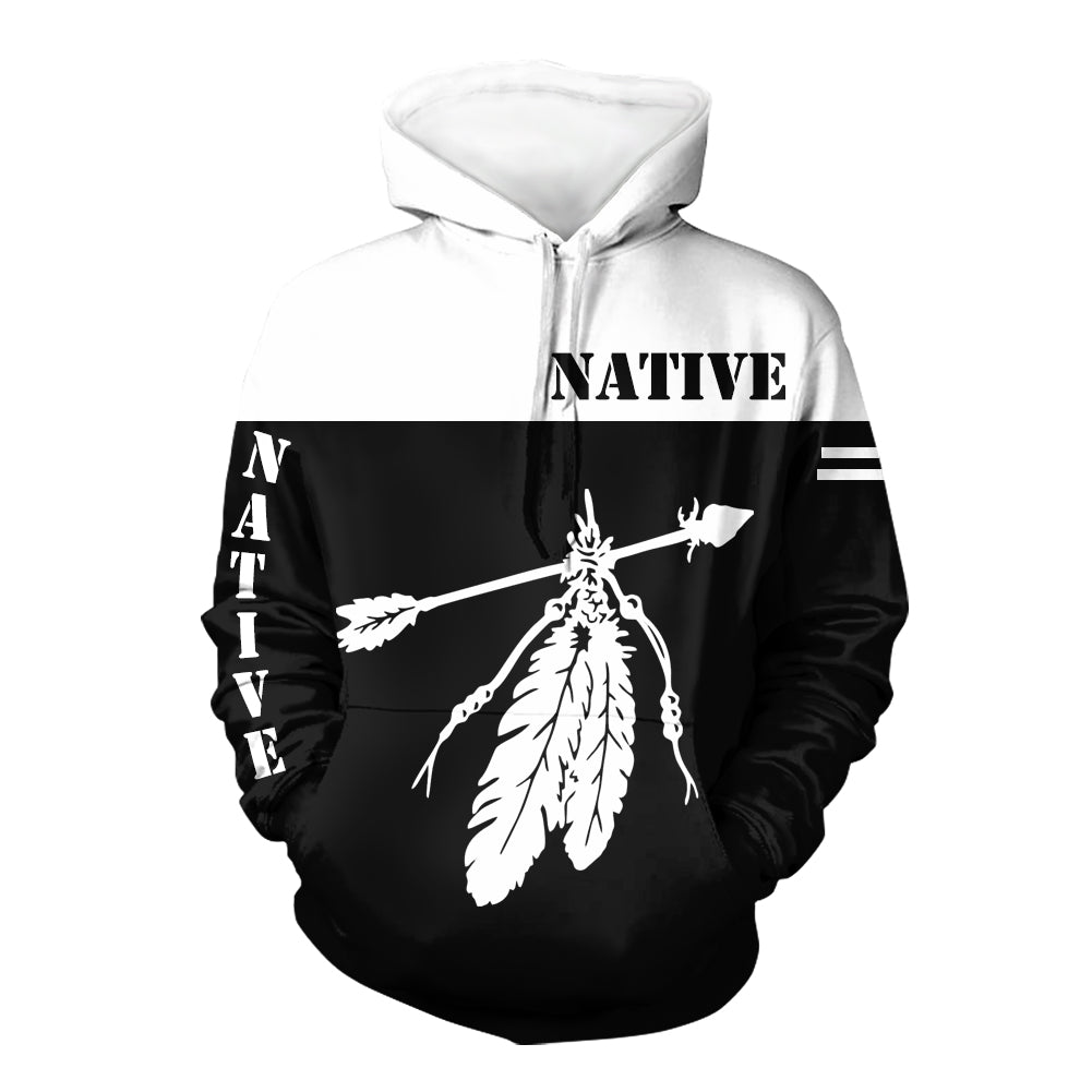 Native 3D feather-and-arrow pullover hoodie, black with white hood and chest graphic