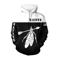 Native 3D feather-and-arrow pullover hoodie, black with white hood and chest graphic
