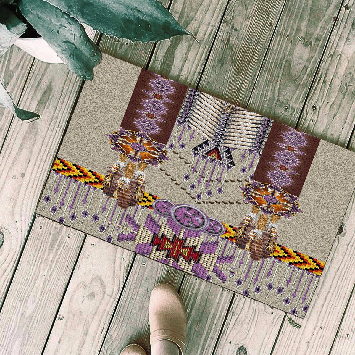 Purple and multicolor Native-style patterned doormat with beaded circular center