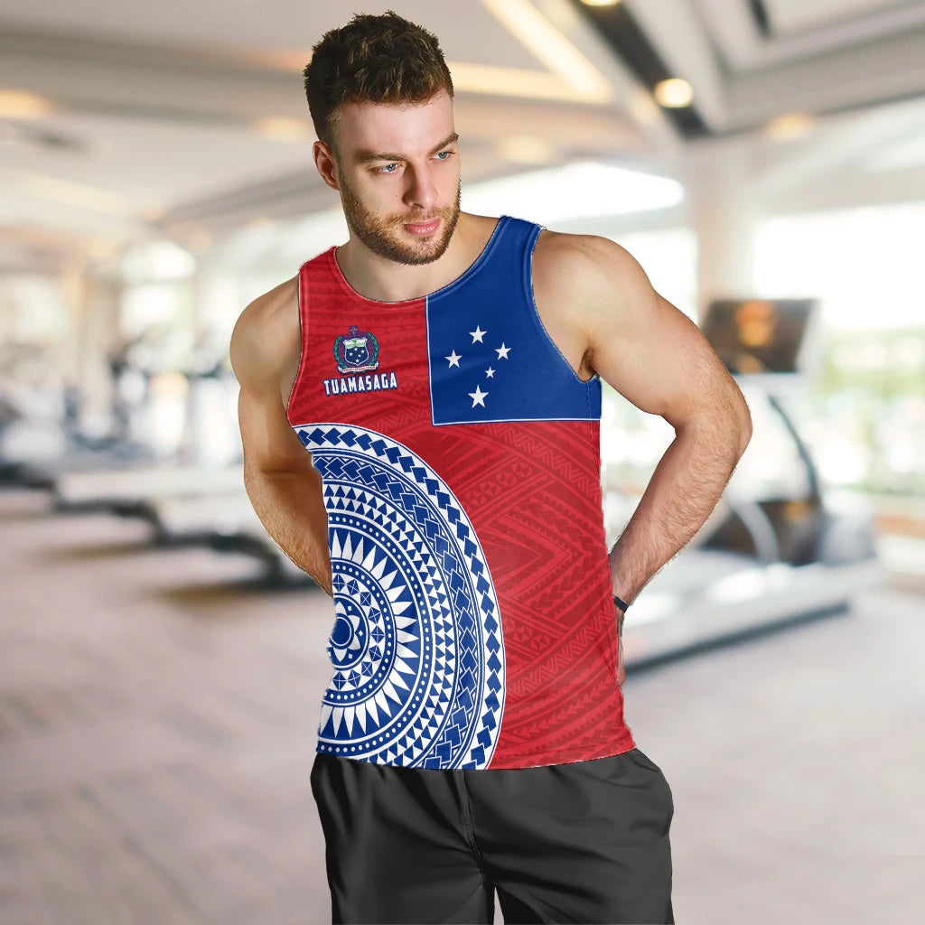 Men’s tank top in red and blue with stars flag panel and large Polynesian circle print