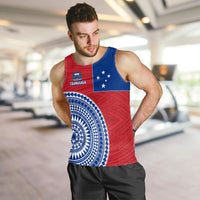 Men’s tank top in red and blue with stars flag panel and large Polynesian circle print