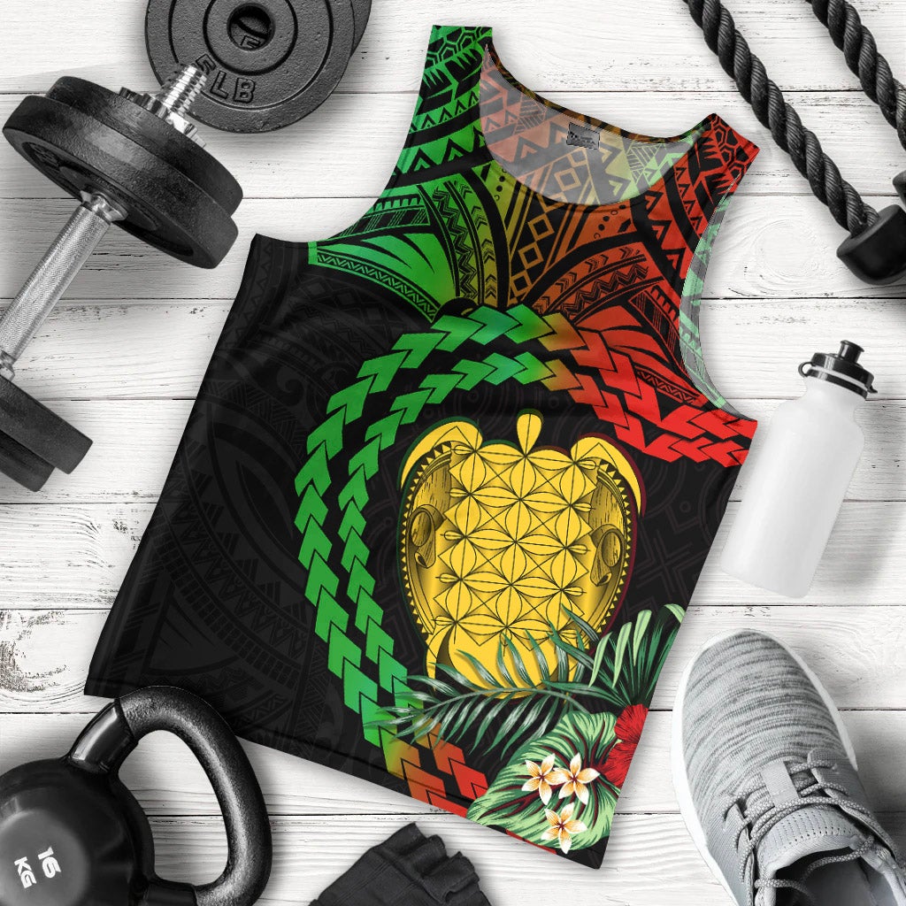 Black men’s tank top with green/red tribal print and yellow turtle graphic