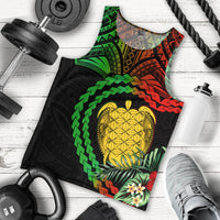 Black men’s tank top with green/red tribal print and yellow turtle graphic