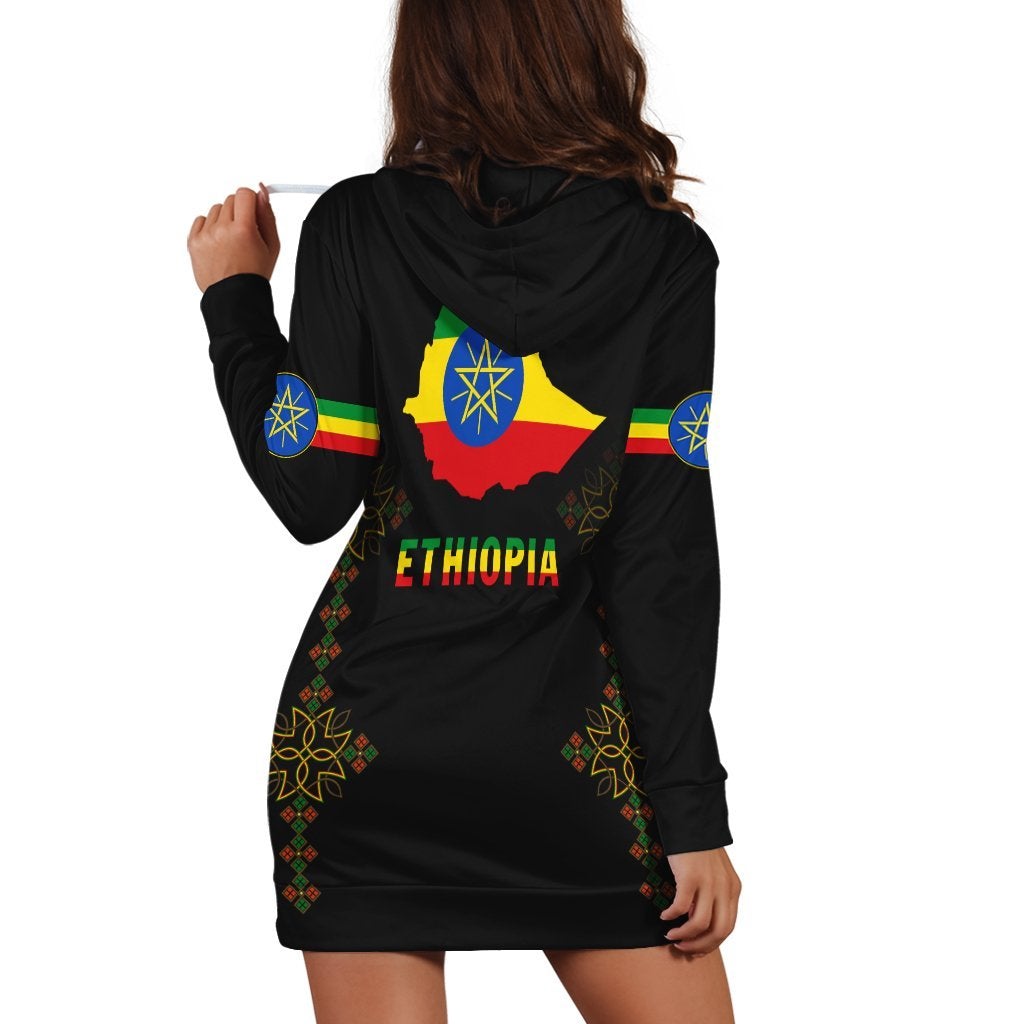 Black back hoodie dress with Ethiopia map and flag print, hood down, long sleeves