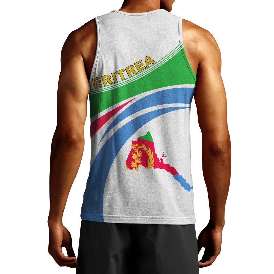 Men's white Eritrea tank top with map graphic, flag colors, and green-blue stripes