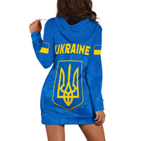 Blue hoodie dress back: “UKRAINE” text and trident crest, hooded