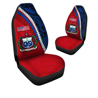 Set of red Samoa Polynesian car seat covers, blue leaf pattern and crest badge front
