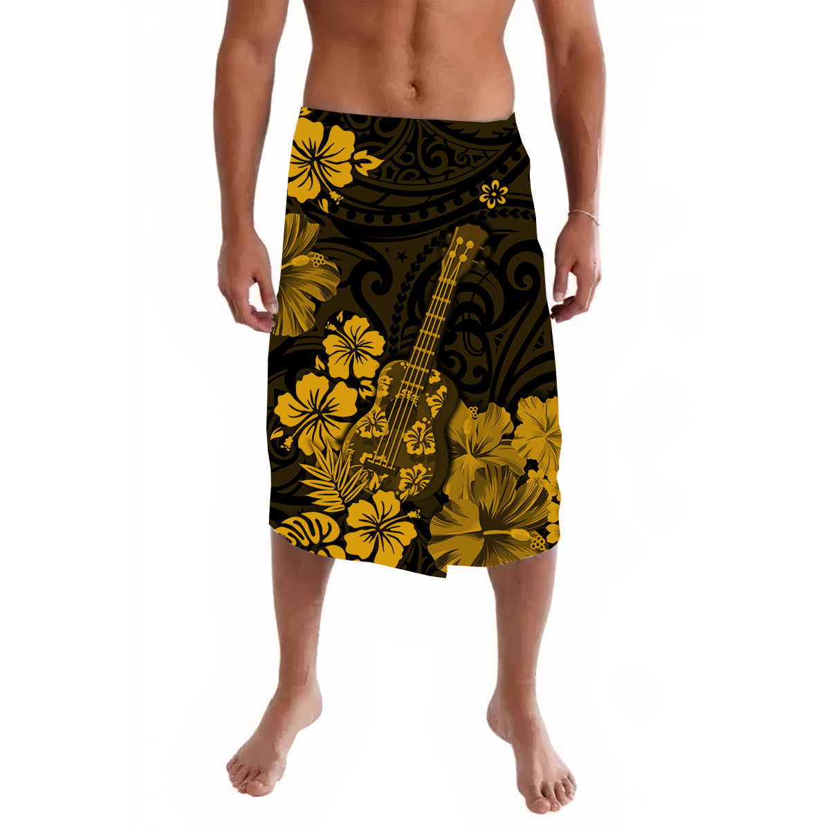 Gold and black Polynesian floral lavalava skirt with ukulele print, knee length