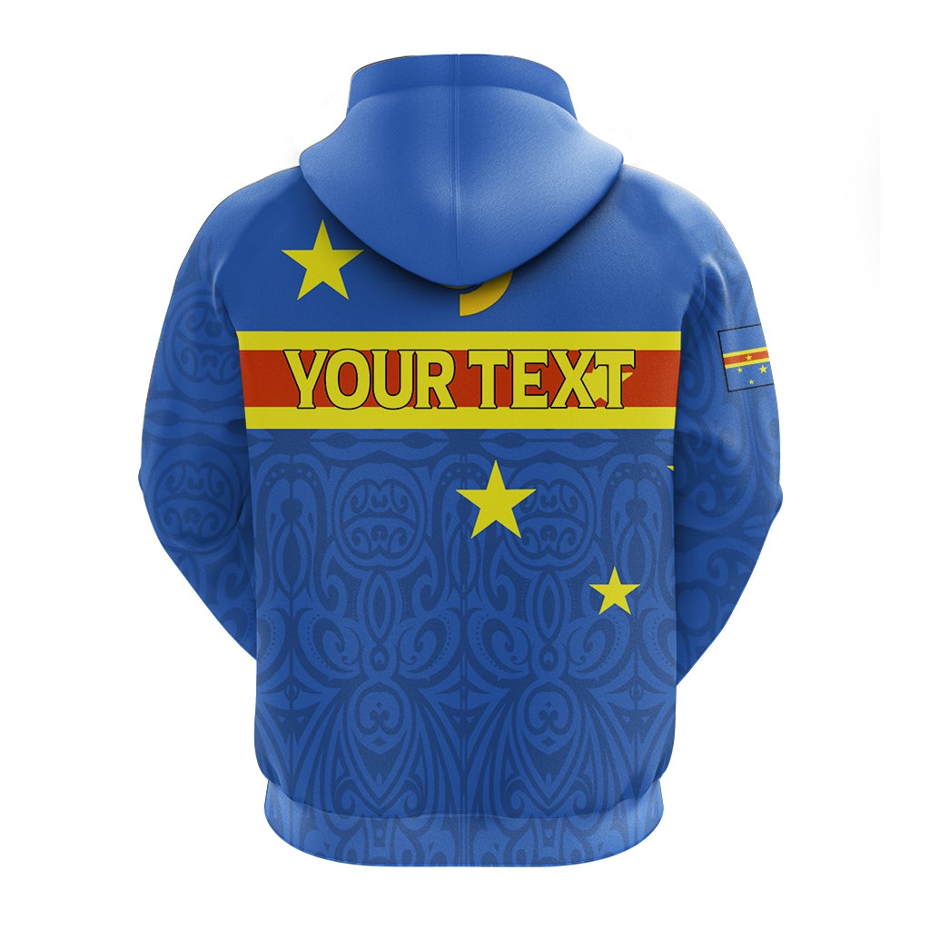 Back of blue hoodie with large star flag band and custom text panel