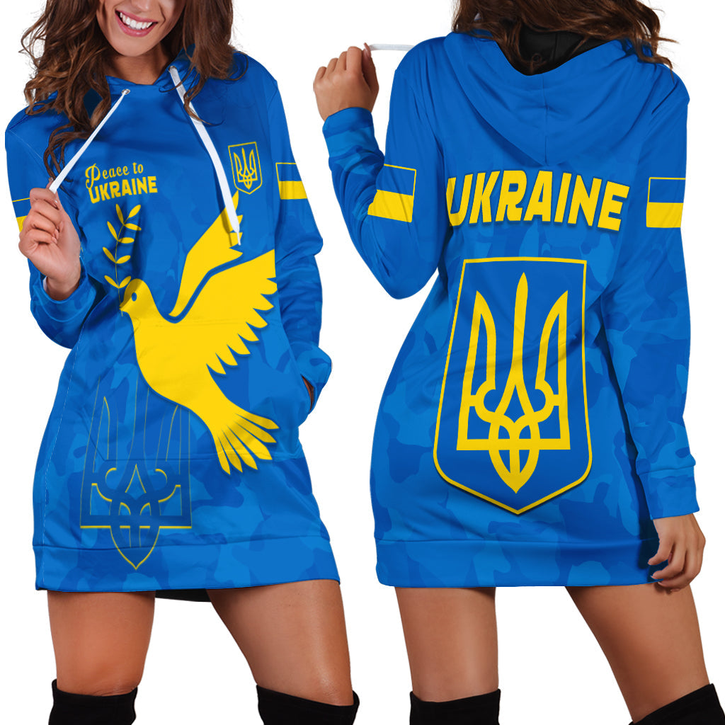Blue hoodie dress front: “Peace to Ukraine” eagle graphic, hood with drawstring