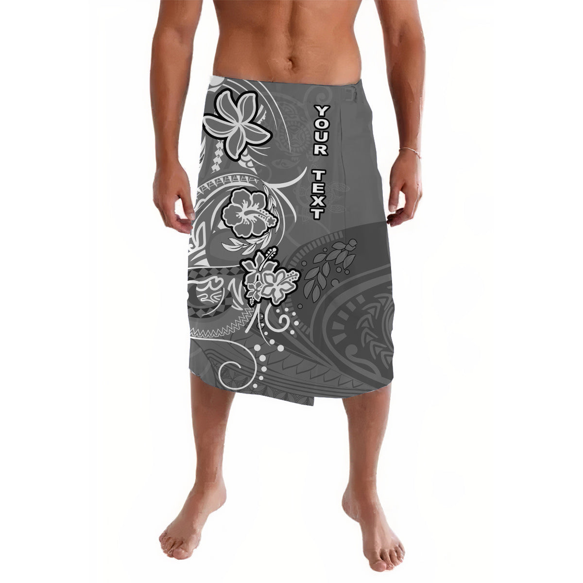Gray polynesian wrap skirt with floral graphic and "YOUR TEXT" print