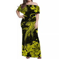Off-shoulder long dress, black with neon yellow floral tribal print