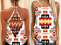 Front and back view: multicolor native criss-cross tank top with geometric pattern
