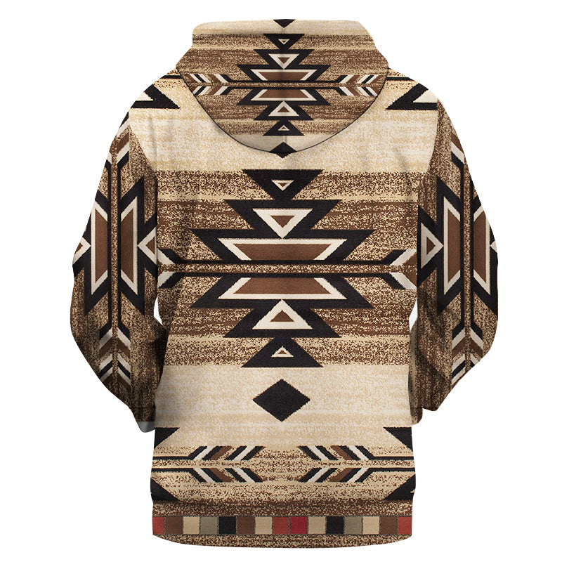 Pullover hoodie front: tan base with dark brown and black Aztec-style arrows