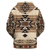 Pullover hoodie front: tan base with dark brown and black Aztec-style arrows
