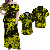 Women's off-shoulder maxi dress, black with neon yellow-green floral and tribal print