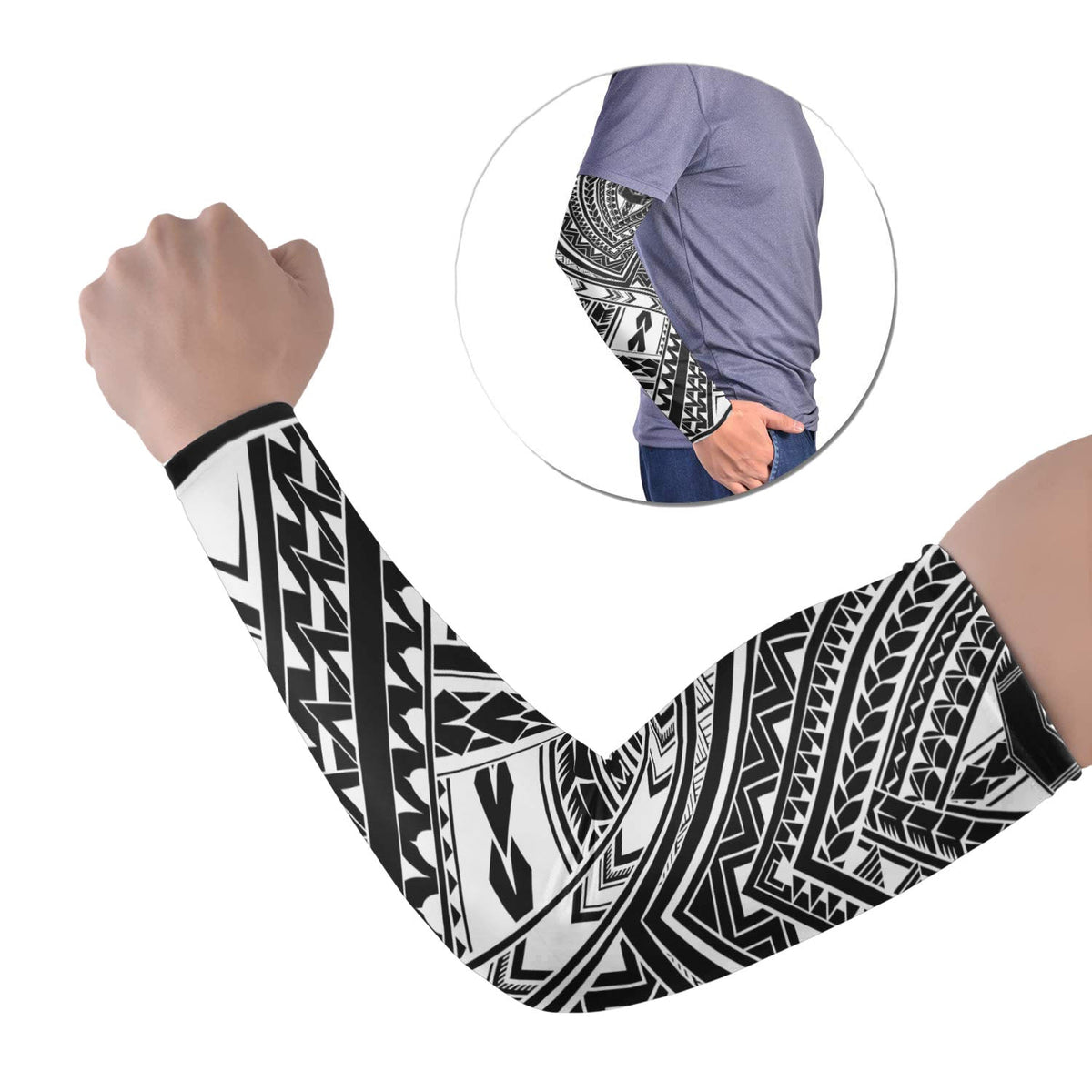 Tribal tattoo arm sleeve set of 2 in black and white, bold Polynesian pattern