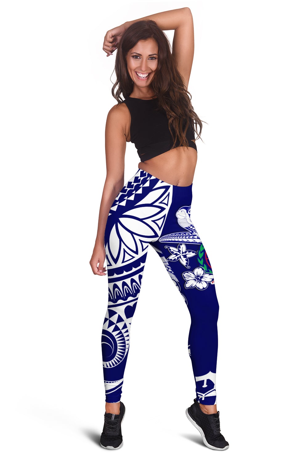 Blue Polynesian turtle leggings with white geometric tribal patterns