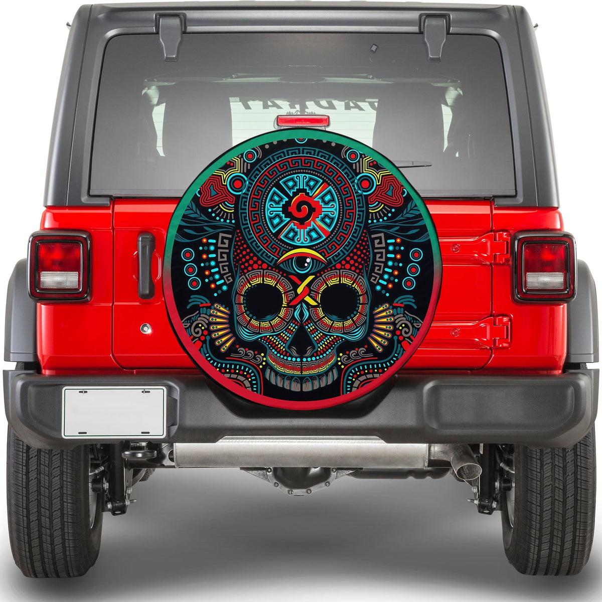 Round spare tire cover with colorful Aztec skull design