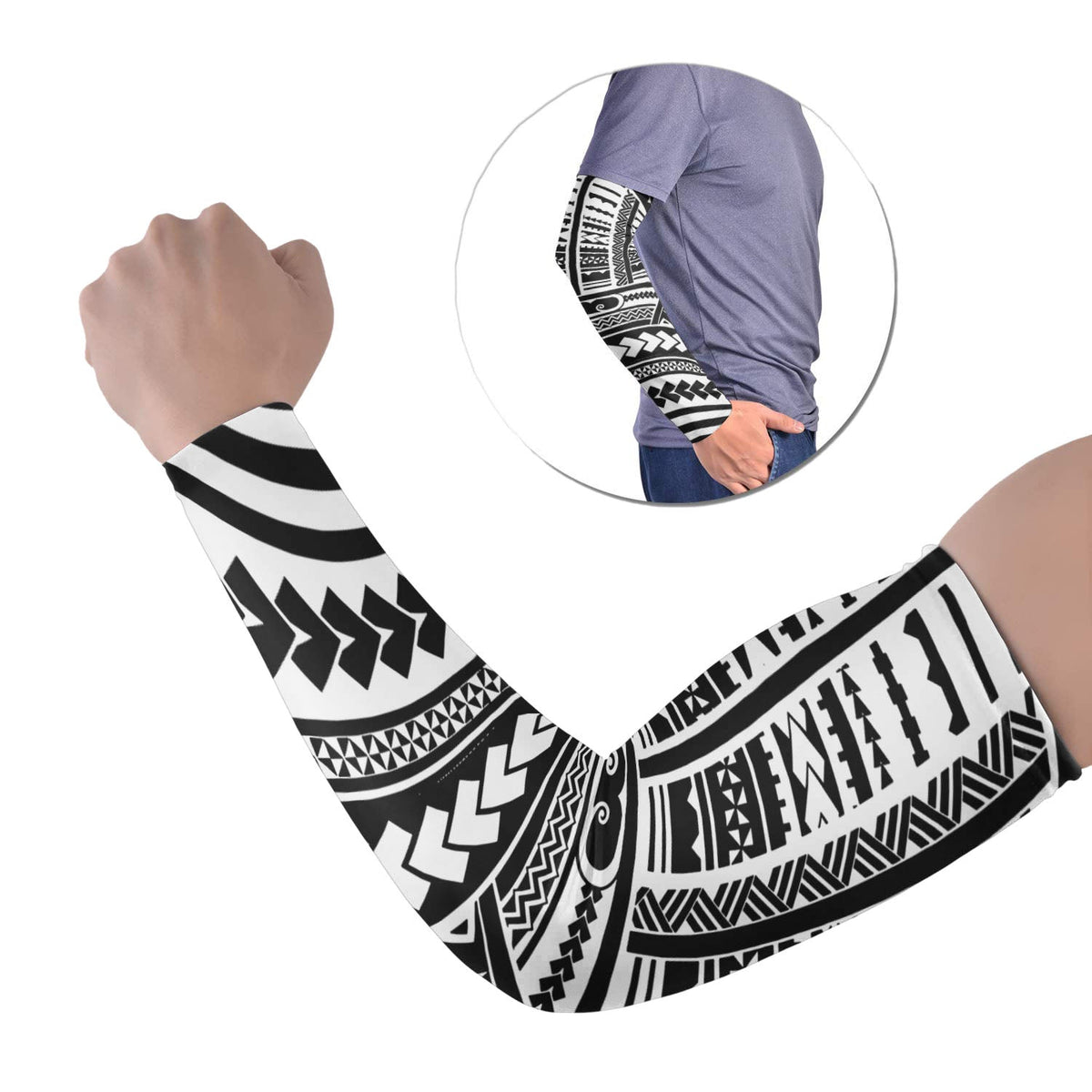 White arm sleeve with bold black Polynesian tribal tattoo pattern, set of 2.