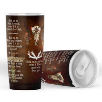 Brown tumbler with Native American skull and quotes, lid open, multicolor feather accents