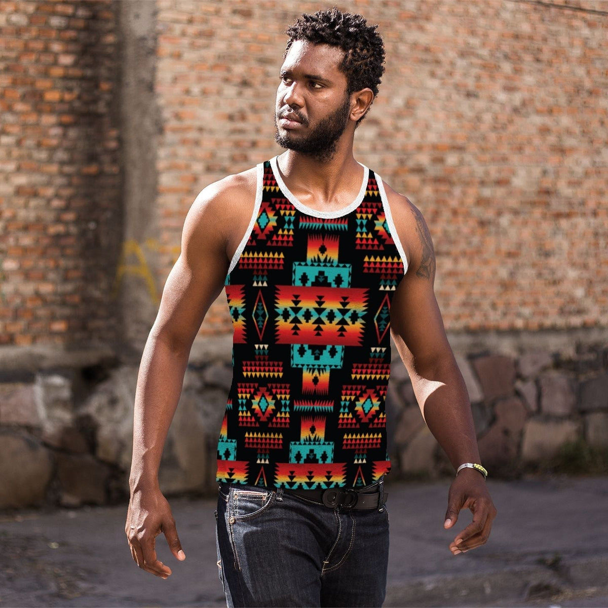 Black men's tank with multicolor tribal all-over print