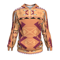Pullover hoodie with all-over purple, pink, and tan tribal pattern, drawstring hood
