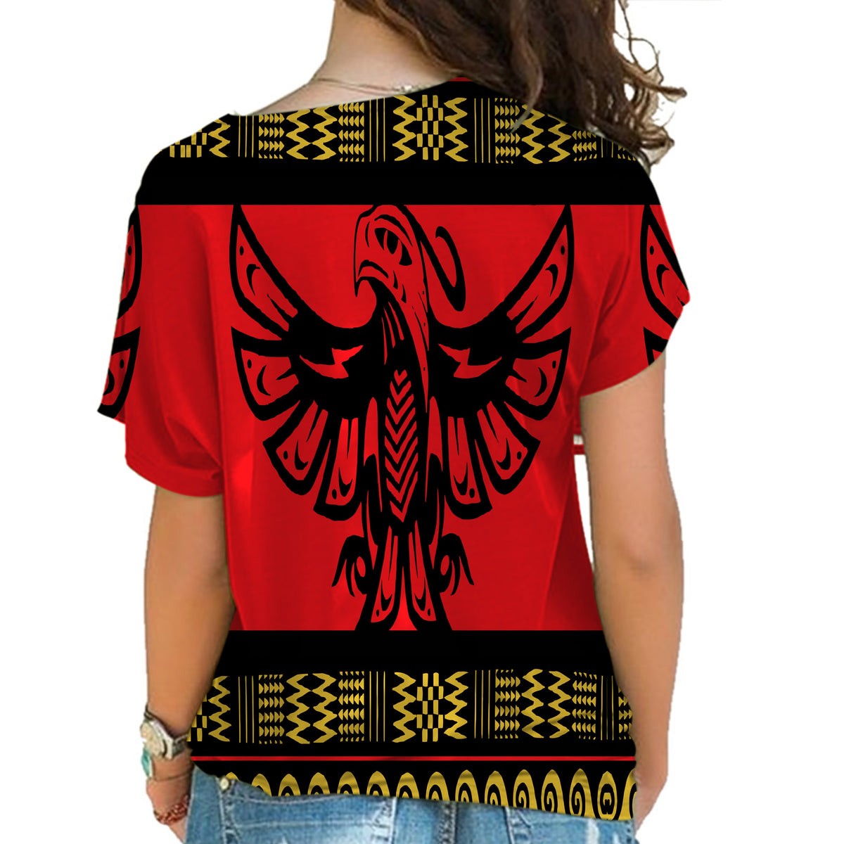 Back of red cross-shoulder shirt, large black phoenix centered with yellow trim bands