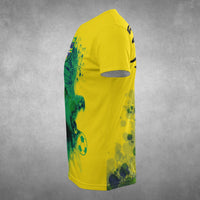 Yellow T-shirt side view with Brazil macaw and soccer ball print