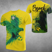 Yellow Brazil macaw graphic T-shirt with soccer ball, front view