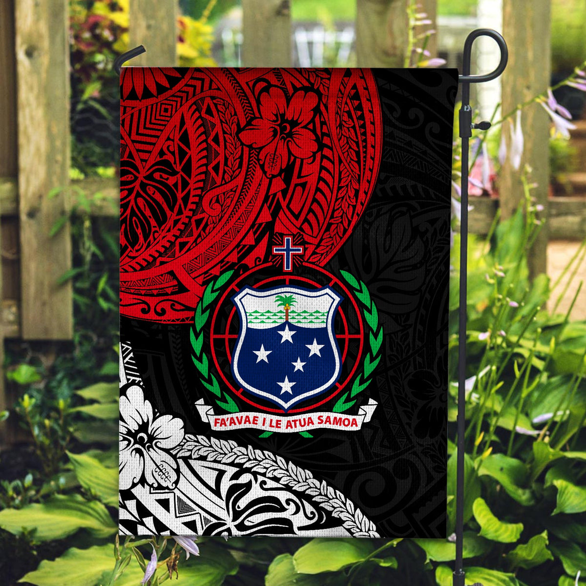 Samoa Polynesian pattern flag on a pole holder, red crest and cross on dark fabric
