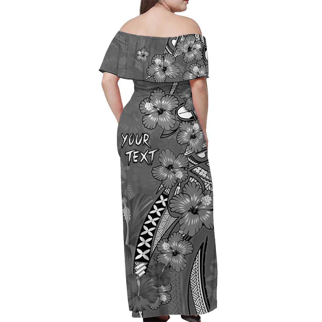 Gray off-shoulder long dress, back view, hibiscus flowers and 'YOUR TEXT' panel