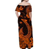 Off-shoulder long dress, back view, orange and dark floral fish print, short sleeves