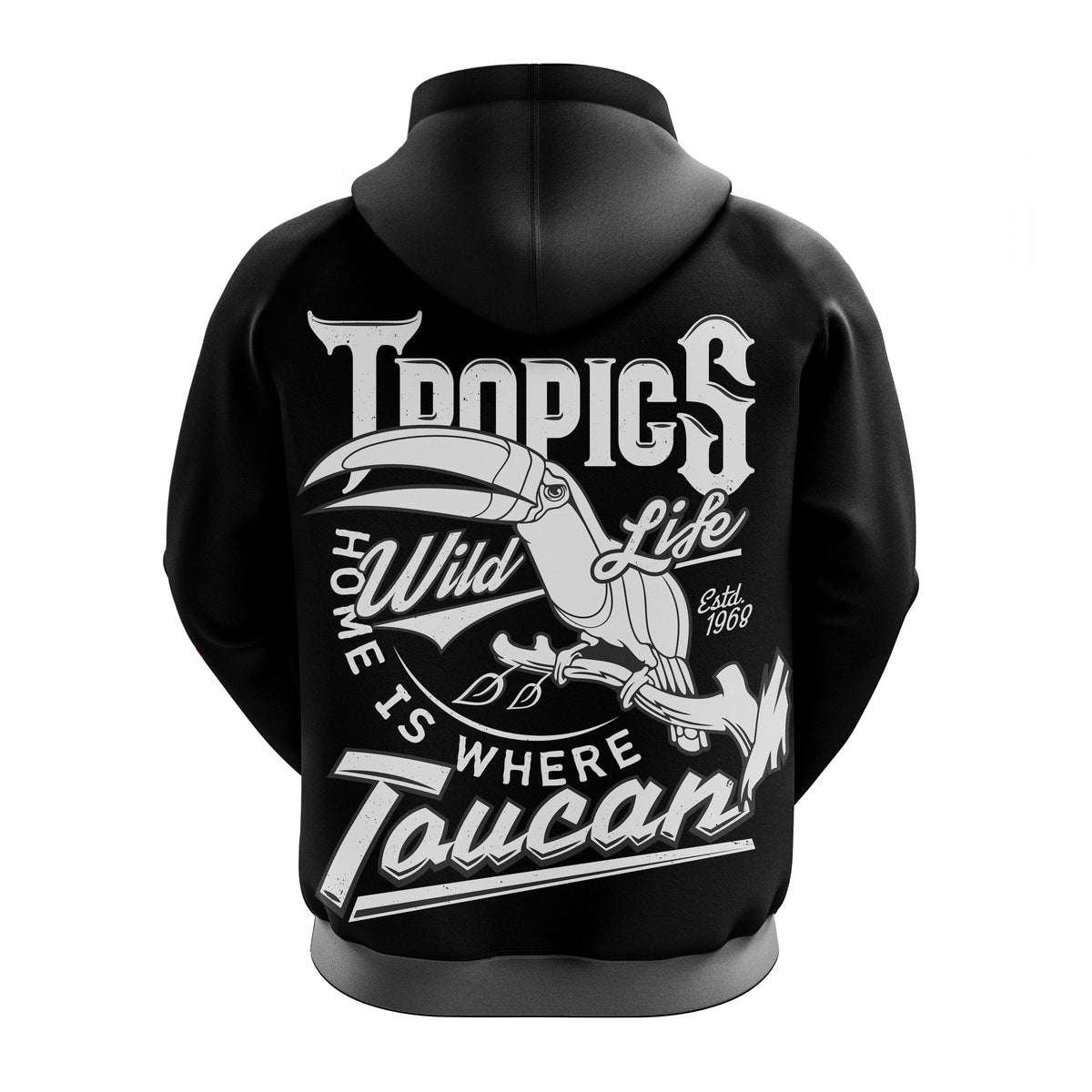 Black pullover hoodie with toucan graphic and slogan, back view
