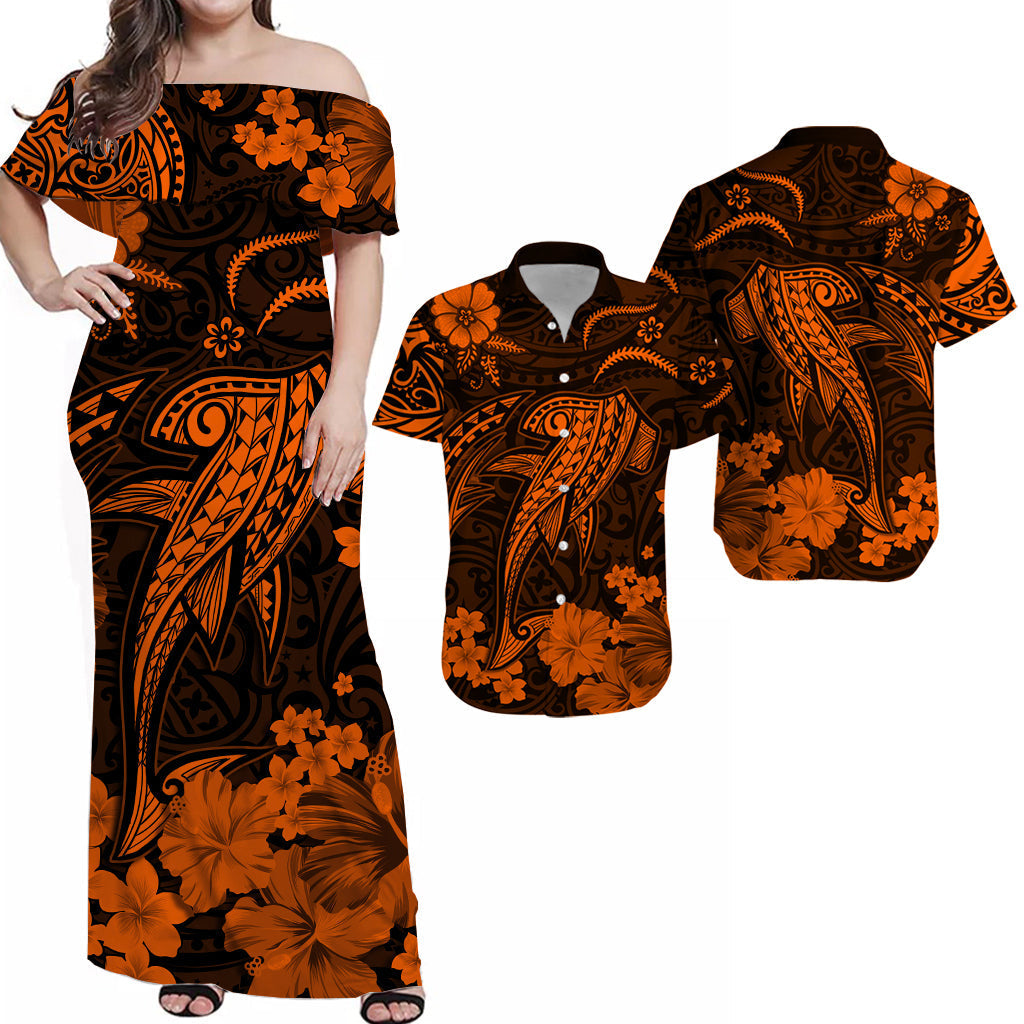 Off-shoulder Hawaiian maxi dress, dark with orange floral and tribal print