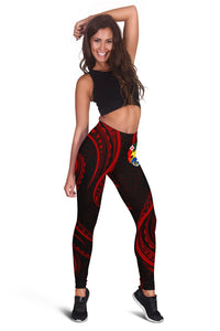 Women’s red-and-black Tonga-style patterned leggings, full length.