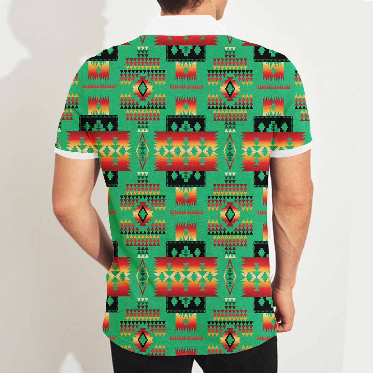 Multicolor geometric native-style polo shirt, view from back with white collar trim.