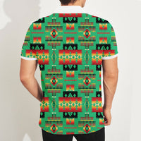 Multicolor geometric native-style polo shirt, view from back with white collar trim.