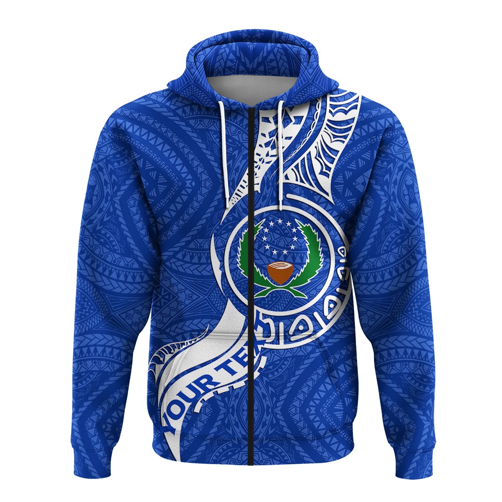 Blue zip hoodie, full front print with Pohnpei Pride emblem and hood drawstrings