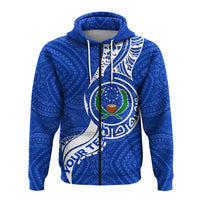 Blue zip hoodie, full front print with Pohnpei Pride emblem and hood drawstrings