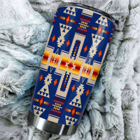20oz navy tumbler angled view with Native American geometric pattern in multicolor
